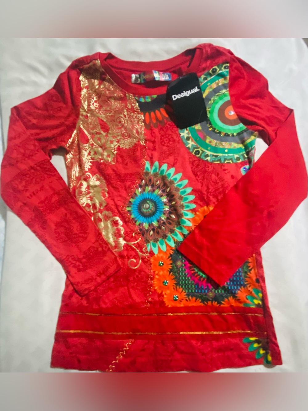 NWT Desigual Red Long Sleeve Top with Gold Metallic Print*offers welcome*